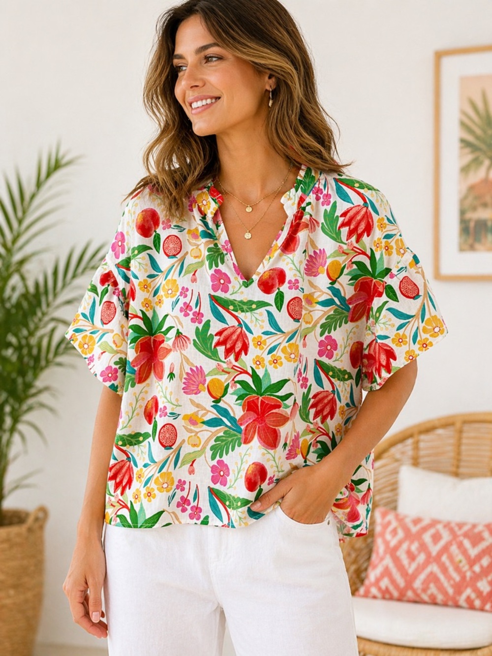 C&C California Floral Fruit Print Blouse Size L Boho Peasant Top‎ Lightweight